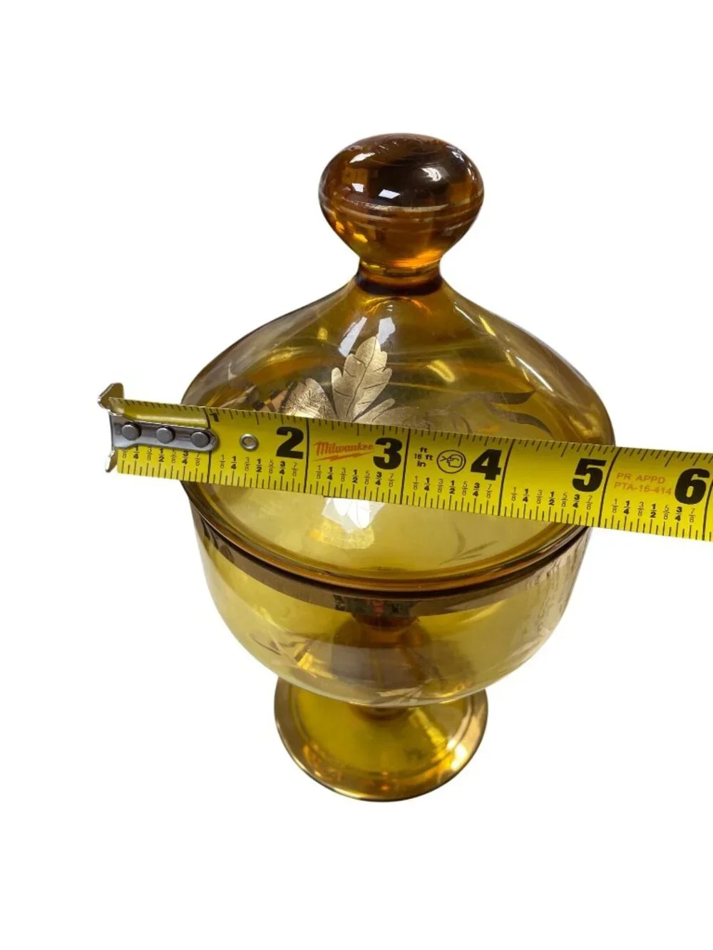 Romanian Vintage amber glass gold leaf pedestal candy dish SKU 140-814